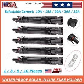 10/15/20/30/32A in-line Fuse Holder w/Fuses Solar Panel PV Connector 1~10 Pieces